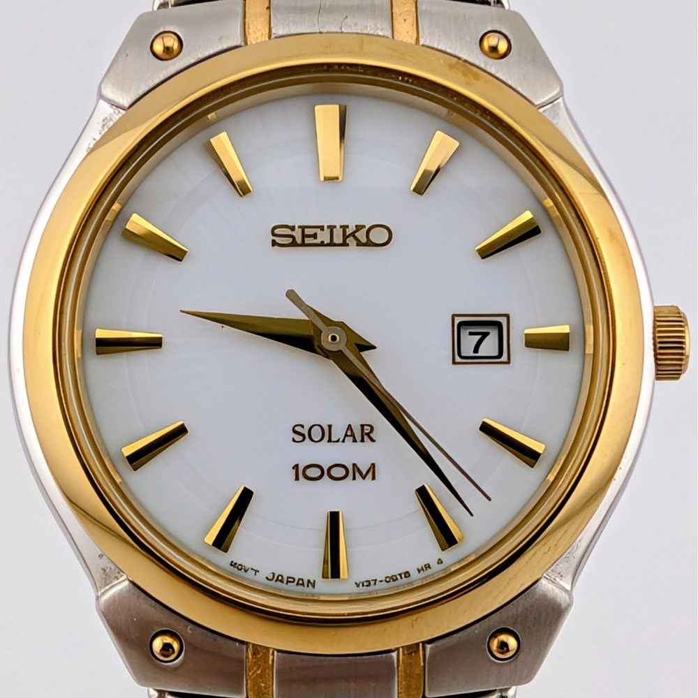 Seiko Solar V137-0AX0 Two Tone Women's Watch Date Hardlex Sunburst Dial 6.5" - Picture 2 of 9